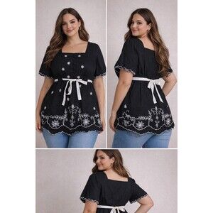 Chelsea Studio Black Embroidered Top Belt Women's Medium Babydoll Boho